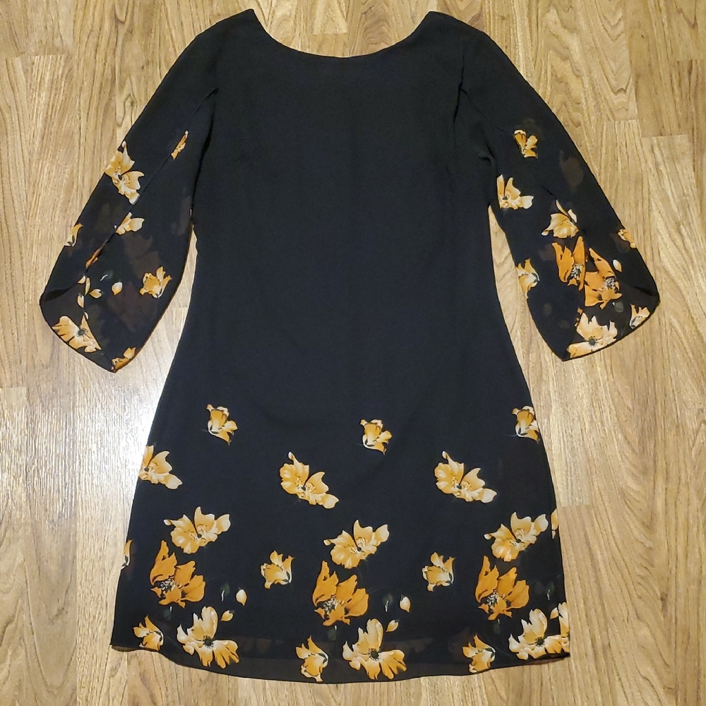 Grace Karin Chiffon Black Floral Dress 3/4 Sleeve Womens Size M Peach Orange